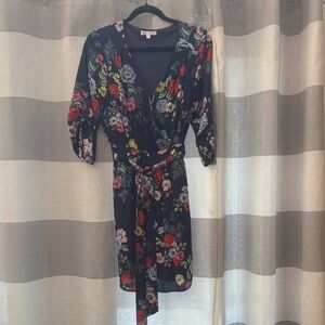 Floral Wrap Dress - Black with Multicolor Floral Pattern